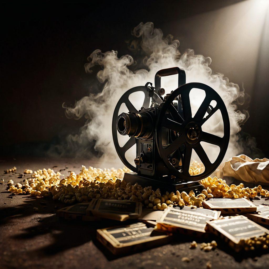 A mysterious film reel unraveling into a cinematic landscape, featuring shadows of iconic movie scenes emerging from the depths. Wisps of fog and light intertwine, symbolizing analysis and critique, while silhouettes of a diverse audience engrossed in thought fill the foreground. Vintage cinema elements like old cameras, popcorn, and clapperboards subtly scattered around. This visually rich scene combines intrigue and exploration. cinematic, surreal, vibrant colors, deep shadows.