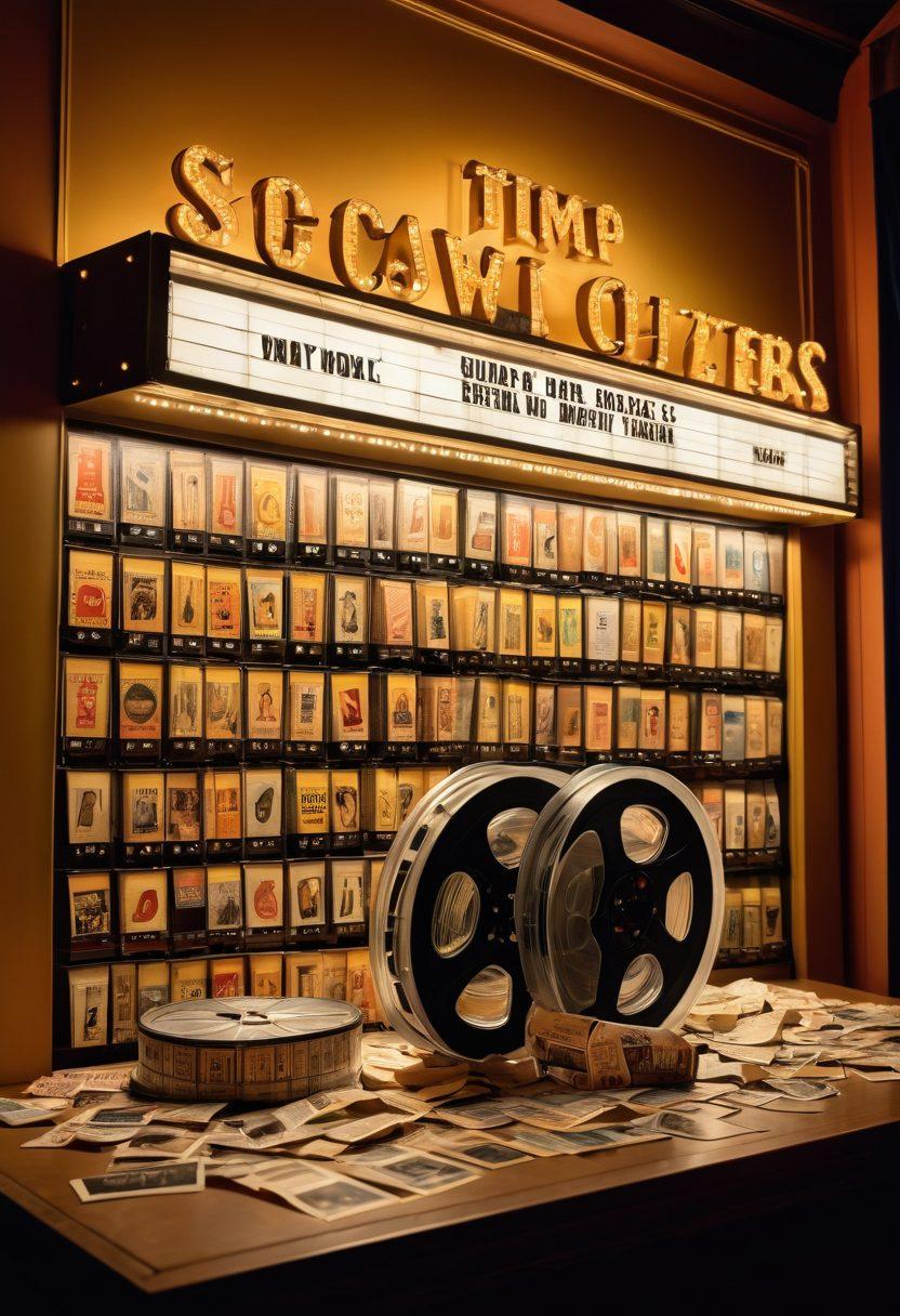 A vintage cinema marquee illuminated by soft golden lights, showcasing classic film posters of obscure movies. In the foreground, a crystal-clear film reel spills out film strips resembling hidden treasures. Shadows of excited viewers foraging through stacks of film canisters add a sense of adventure. The background features a cozy, dimly lit theater that invites exploration. blended colors with a retro aesthetic.