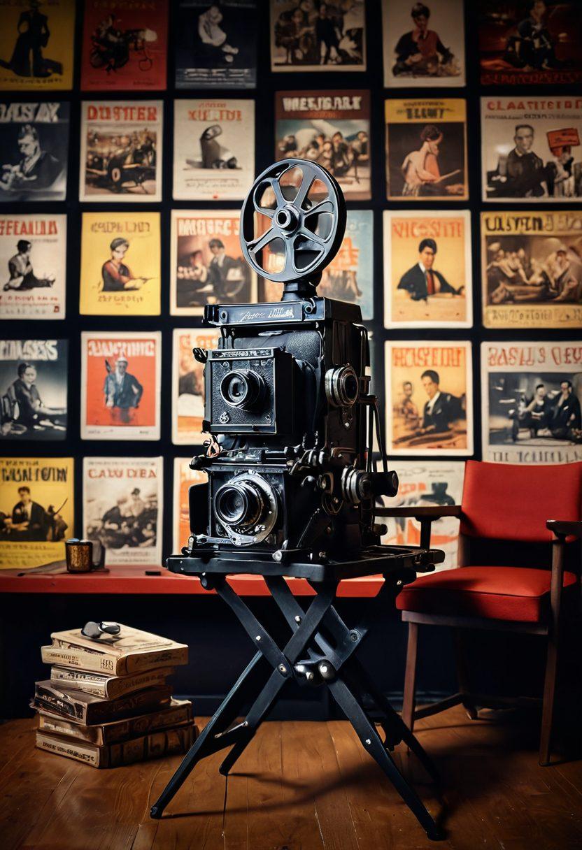 A cinematic scene showcasing a dramatic film set, merging elements from independent films and major classics. Include a vintage film camera, a director's chair with a clapperboard, surrounded by a backdrop of iconic movie posters and film reels. The atmosphere should be filled with artistic lighting and a sense of storytelling magic. super-realistic. vibrant colors. 3D.